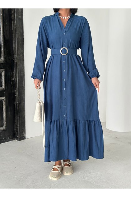 Rochie cămașă țesută maxi cu centură Indigo pentru femei