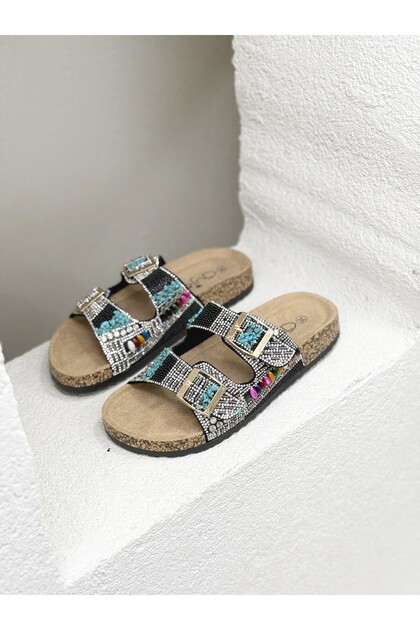 25Y102-2 Double Buckle Stone Cork Sole Slippers Women
