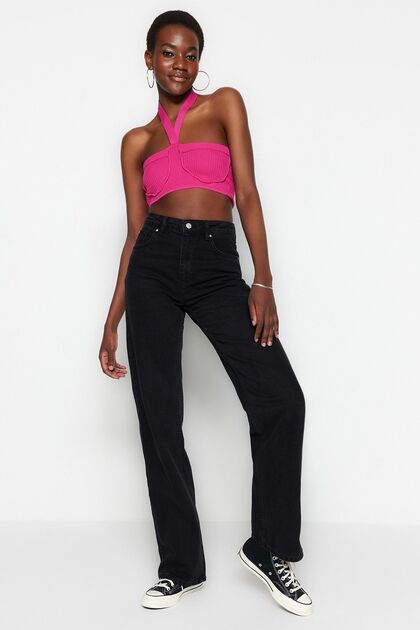 Ns-19270 Stretch Fabric Black High Waist Women's Jeans Denim Pants Boyfriend Loose Fit Wide Leg