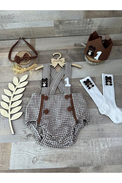 Handmade Teddy Bear Concept Piped Romper Crown Bow Tie Salopet Socks Set