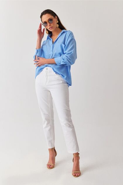 White High Waist Lycra Denim Fabric Mom Fit High Waist Jeans 2024