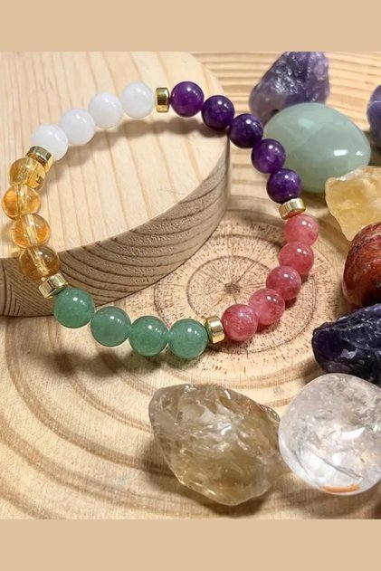 Lucky Bracelet (with Gift Stones) Yellow Citrine, Amethyst, Green Aventurine, White Agate, Strawberry Crystal