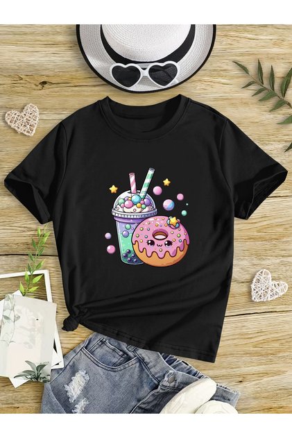 Donut and Milkshake Children's T-Shirt Combed Crew Neck T-Shirt for Kids