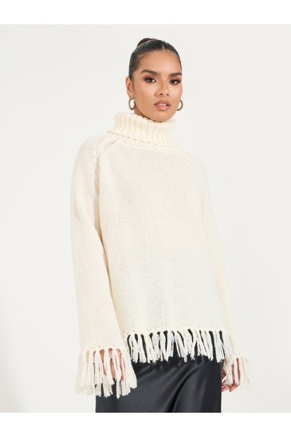 Knitted Turtle Neck Sweater with Tassel Hem Detail