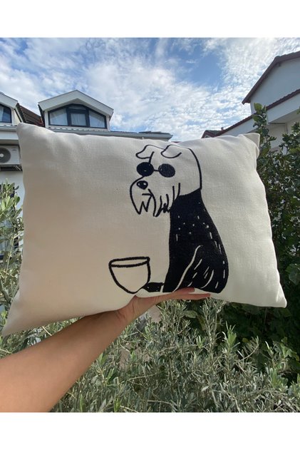 Dog Embroidered Cushion Cover, Decorative Black and White Linen Pillowcase 30X50 cm