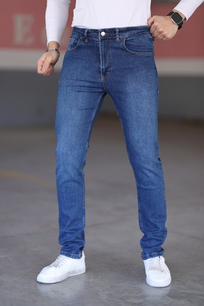 Koyu Mavi Likralı Erkek Kot Pantolon - Regular Fit, Normal Bel, Kalın Kumaş