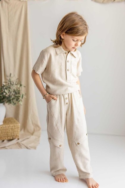 Beige Natural Linen Elastic Waist Pocket Wide Leg Boys' Trousers