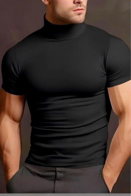 Deux Slim Fit Stretchy Rollkragen Kurzarm Sport Herren T-Shirt