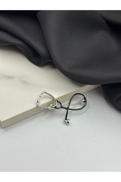 Siyah Steteskop Doktor Hemşire Sağlık Çalışanı Figürlü Broş Yaka İğnesi