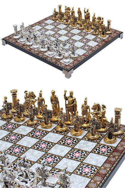 30cm Mosaic Patterned Metal Chess Set with Roman Square Shield Figure, Decorative Gift Chess Set