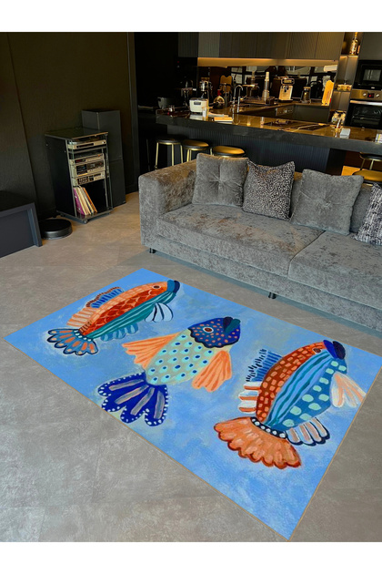 Seda Collection Blue Themed Multicolored Fish Patterned Woven Base Modern Decorative Carpet Seda39