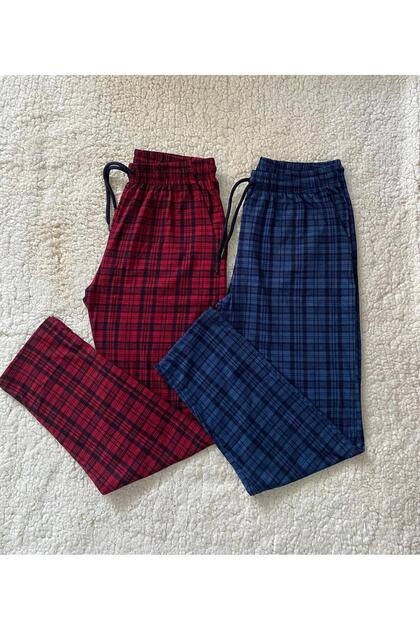 100% Cotton Checkered -Plaid Patterned Pocketed Elastic Waist 2-Piece Men's Pajama Bottoms -Plus Size Options