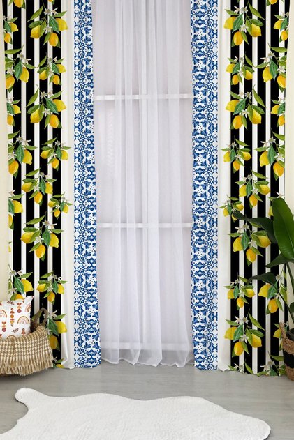 Lemon Pattern Velvet Baby and Kids Room Background Curtain - Colorful