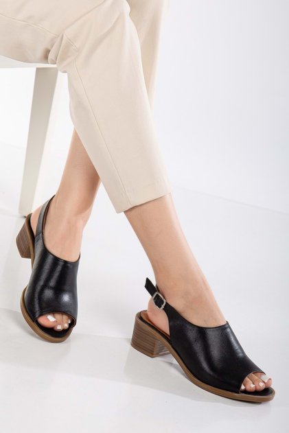 Women's Genuine Leather Ankle Strap Sandals with Buckle Detail - Black