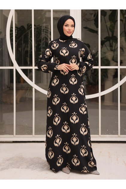 فستان فيسكوز -أسود- كريمي - SAHRA BUTIK