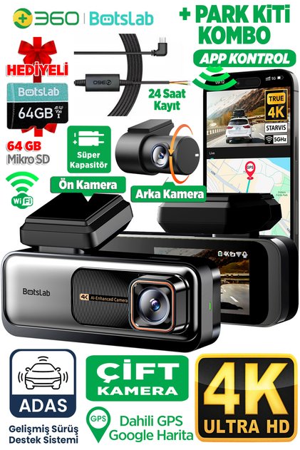 Botslab G980h Pro Adas Ön 4k Uhd Arka 2k Qhd 170° Geniş Açı Gps Wifi Araç Içi Kamera Park Kiti