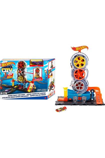Toy Car Track Set City Super Twist Tire Shop with 1:64 Scale Car, Single or Multi-Car Play