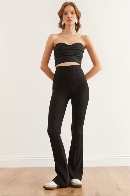 Women's Black Spanish Leg Ribbed Tights Tyt- 19000090