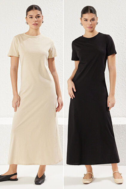 Black-Tan Short-Sleeved Knit Undershirt Dress TCTSS25EB00075