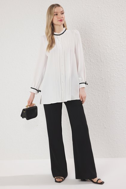Ecru Bias Detailed Satin Woven Shirt Tctss25Tg00018