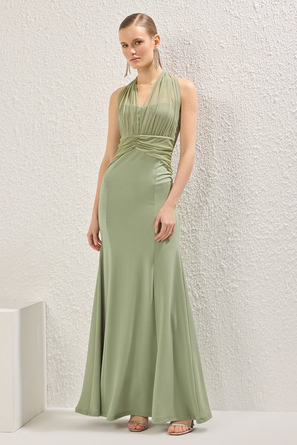 Mintfarbenes, gerades Sandy-Maxi-Abend- und Heimkehrkleid mit Fischkordelzug/Drapierung