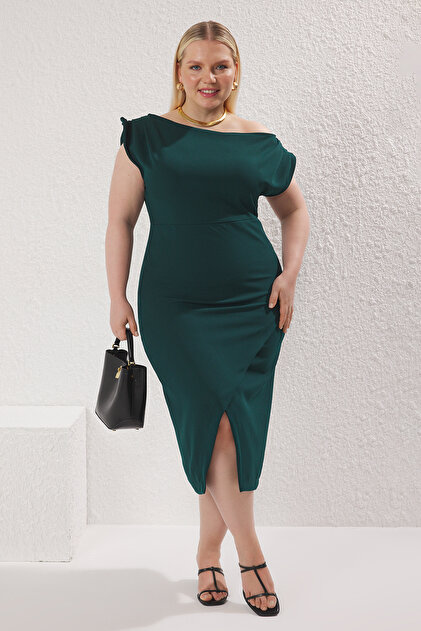 Trendyol Plus Emerald Green Asymmetrical Neck Midi Slit Woven Plus Size  Dress Tbbss25Ah00167- Trendyol
