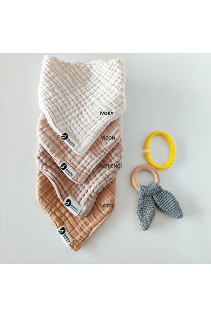 %100 Pamuklu 8 Kat Muslin Kumaş Üç Çıtçıtlı 4'lü Bebek Mama Önlüğü/ağız Mendili