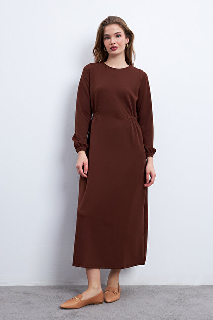 Know Brown Waist Detailed Zara Crep Dress- Trendyol