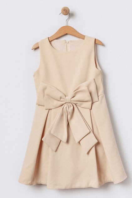 Crepe fabric, thick straps, lined, flared cut, bow detail, beige girl's dress 15694