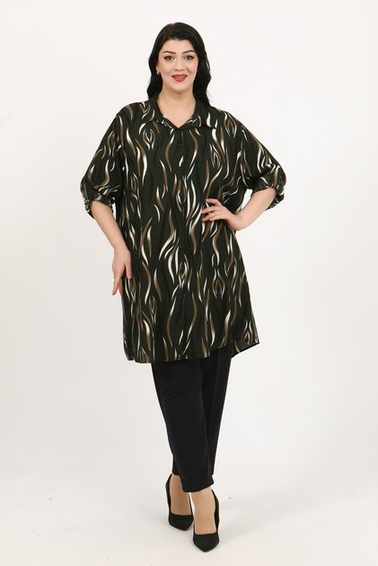Women's Khaki Patterned Cotton Viscose Large Size Tunic