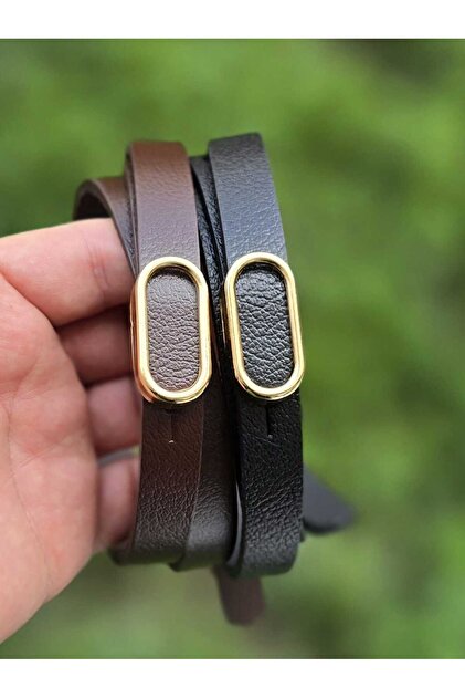 %100 Hakiki Deri Gold Tokalı İnce Siyah-Acı Kahverengi 2'li Kemer Set