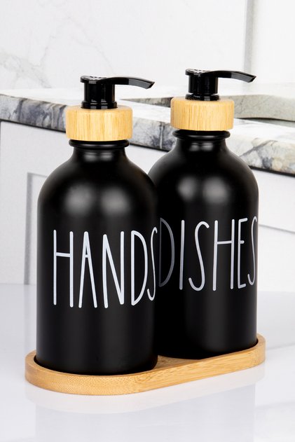 2-Pack Natural Bamboo Pump Dispenser with Bamboo Base, 350 ml Oval Glass