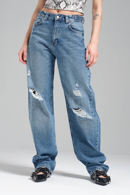 Women's Blue Denim Color Wide Leg Belt Detailed Denim