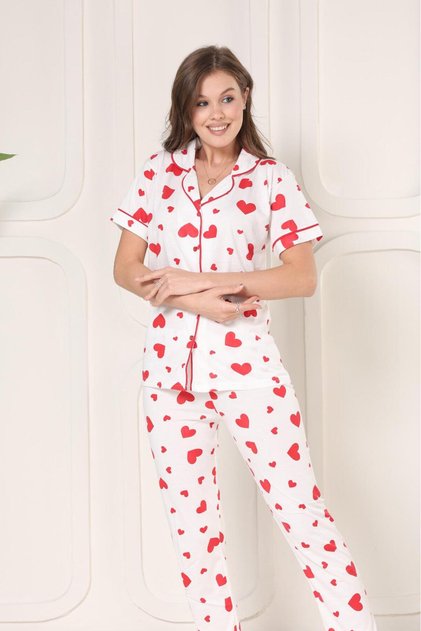Women's White Buttoned Ribbed Knitted Short Sleeve Red Little Heart Pajama Set