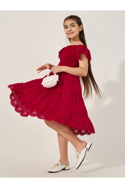 Schiffli Smocked Detail Tiered Dress