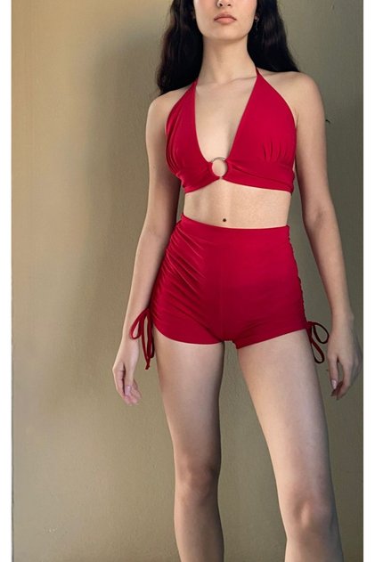 RED HIGH-WAIST WAISTED CREATED SHORTS WITH FRONT RING AND COLLAR Cropped SET