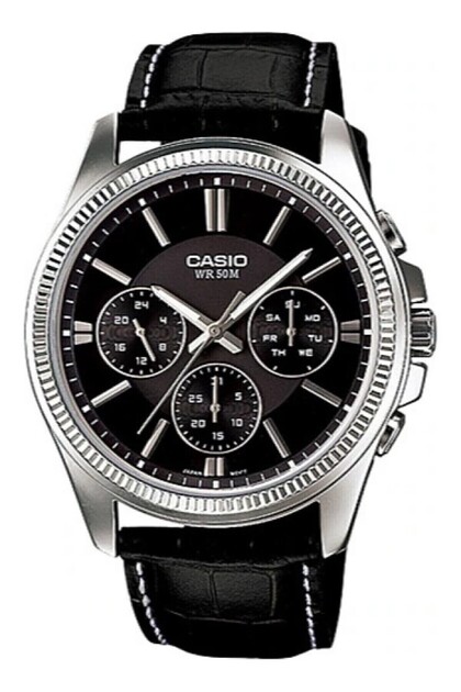 Brand Steel Case Leather Band, Silver Black Color Men Wristwatch