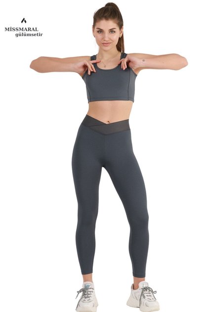 Kadın Yüksek Bel Antrasit Bilek Boy Tayt Özel Üretim Çapraz Kemer Cross Waist 1011