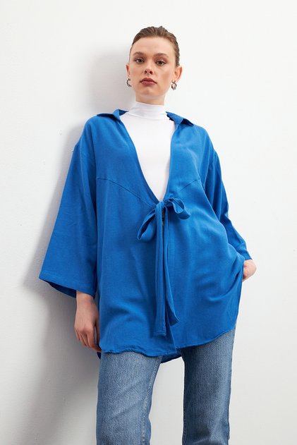 Women's Blue Lacing Detailed Flam Linen Kimono