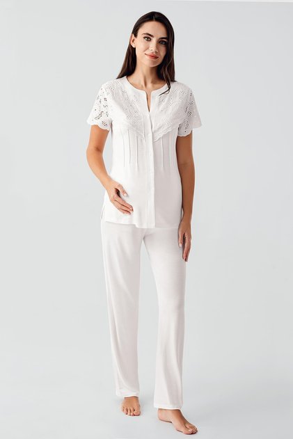 Voile Detailed Buttoned Short Sleeve Stretchy Viscose Maternity Pajama Set