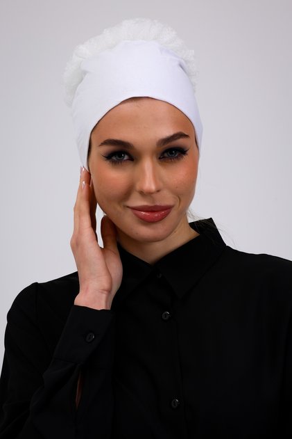 Ruffled Seamless Combed Cotton Bonnet Ecru - Women's Hijab Tie-Up Bun Inner Bonnet Off White