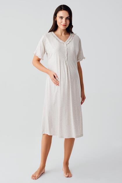 Short Sleeve Buttoned Stretchy Cotton Maternity Nightgown