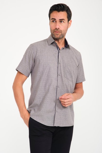 Classic Short Sleeve Open Ground Box Pattern Linen Cotton Gift Boxed Men's Shirt Fs-000745 - Gray