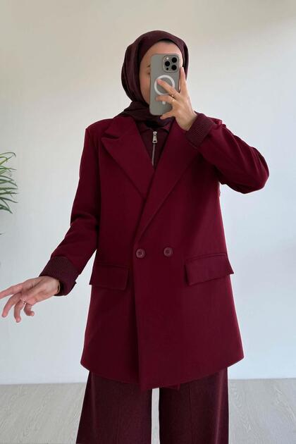 Double Button Lined Blazer Jacket - Claret Red