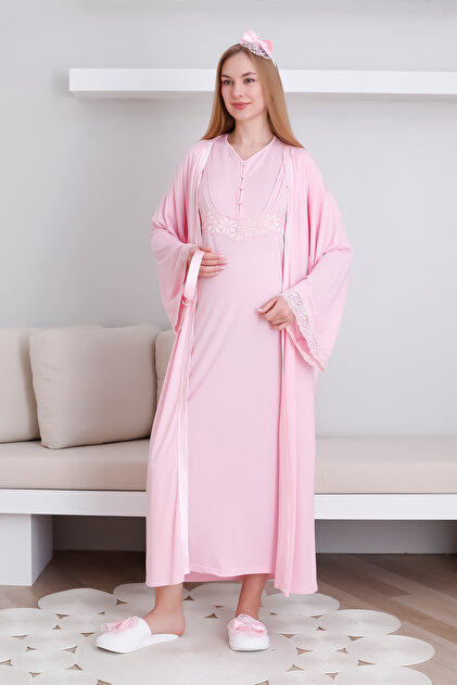 Maternity Nightgown Suit Front Buttoned 2 Pieces Nightdress & Dressing Gown Set Short Sleeve Nightdress & Long Sleeve Dressing Gown