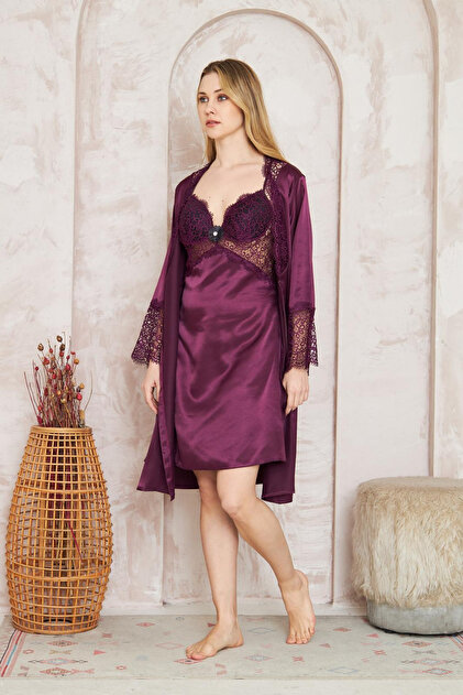 purple satin nightdress and dressing gown