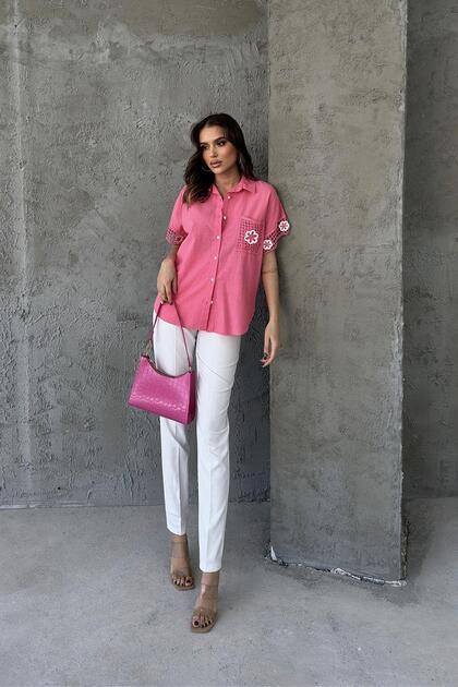 Women's Floral Lace Embroidery Detailed Linen Shirt