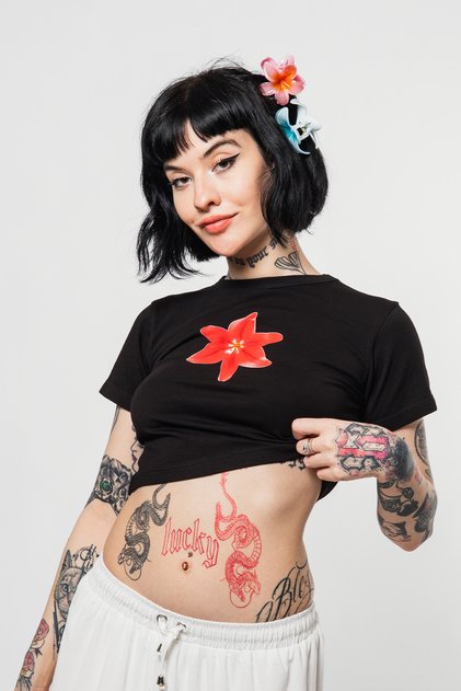 Cute Black Cropped Top with Floral Print