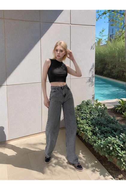 Smoked Lycra Wide Leg Loose Palazzo Jeans Jeans