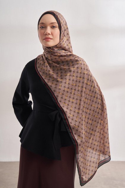 Vual Monogram Patterned Shawl 3361-Light Mink Black